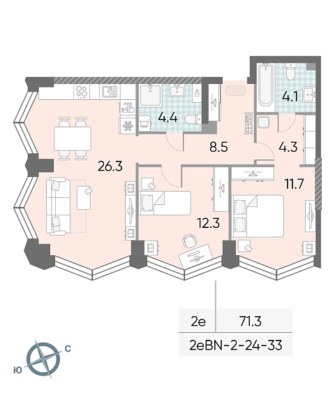 1 комн. квартира, 71.3 м², 27 этаж 