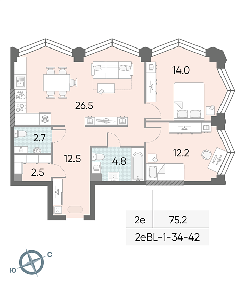 1 комн. квартира, 75.2 м², 34 этаж 