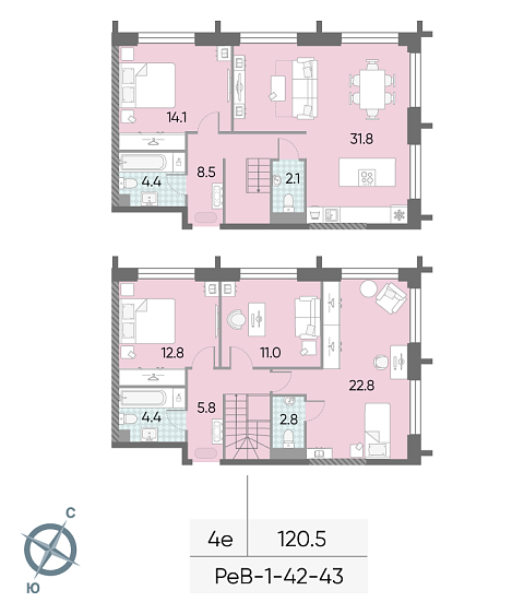 3 комн. квартира, 120.5 м², 42 этаж 