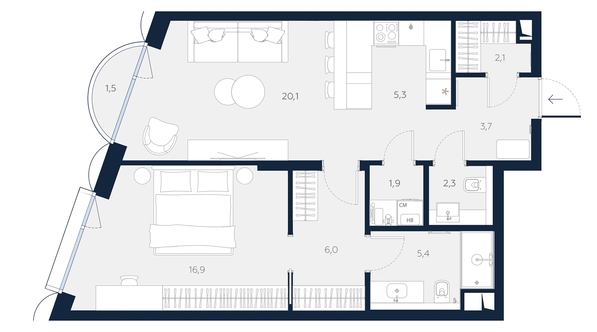1 комн. квартира, 65.2 м², 13 этаж 