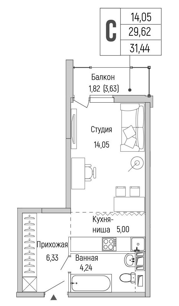 студия, 31.4 м², 9 этаж 