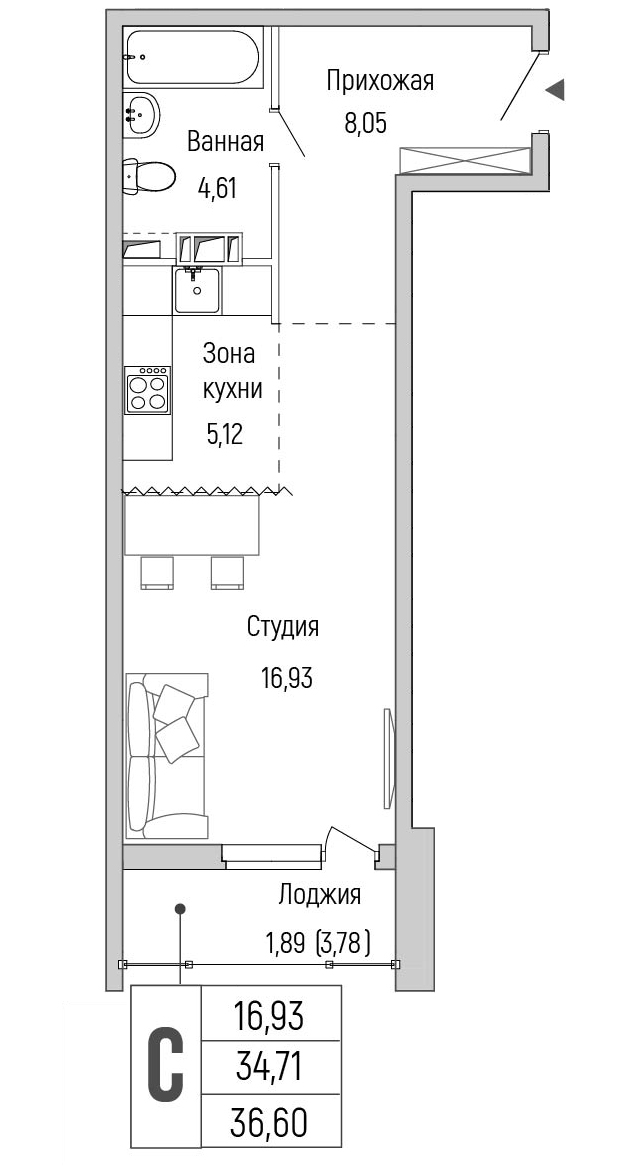 студия, 36.6 м², 7 этаж 