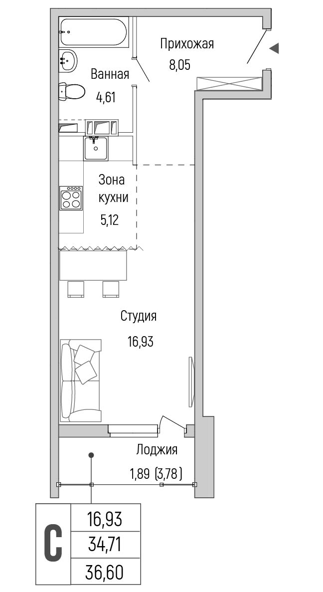 1 комн. квартира, 36.6 м², 8 этаж 