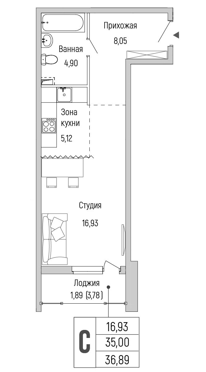 студия, 36.9 м², 2 этаж 