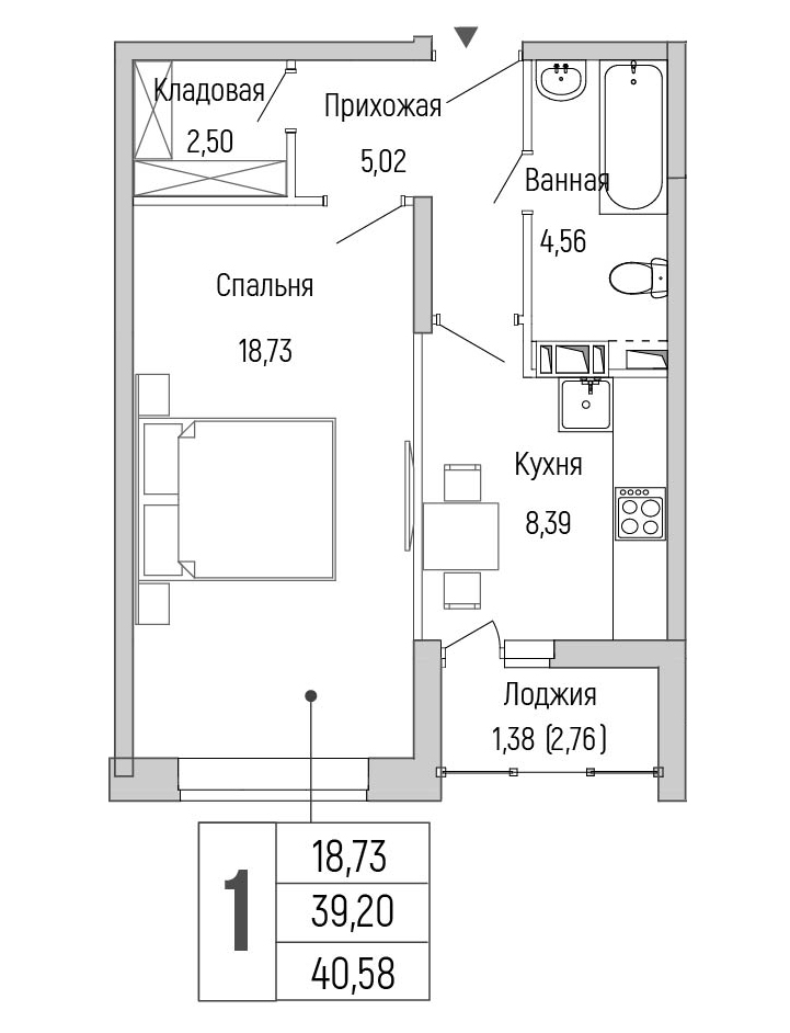 1 комн. квартира, 40.6 м², 3 этаж 