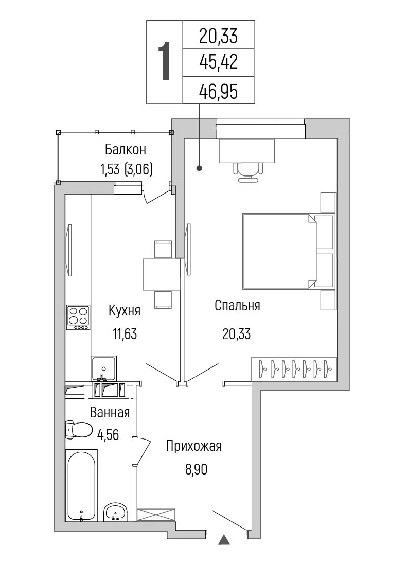 1 комн. квартира, 47 м², 2 этаж 
