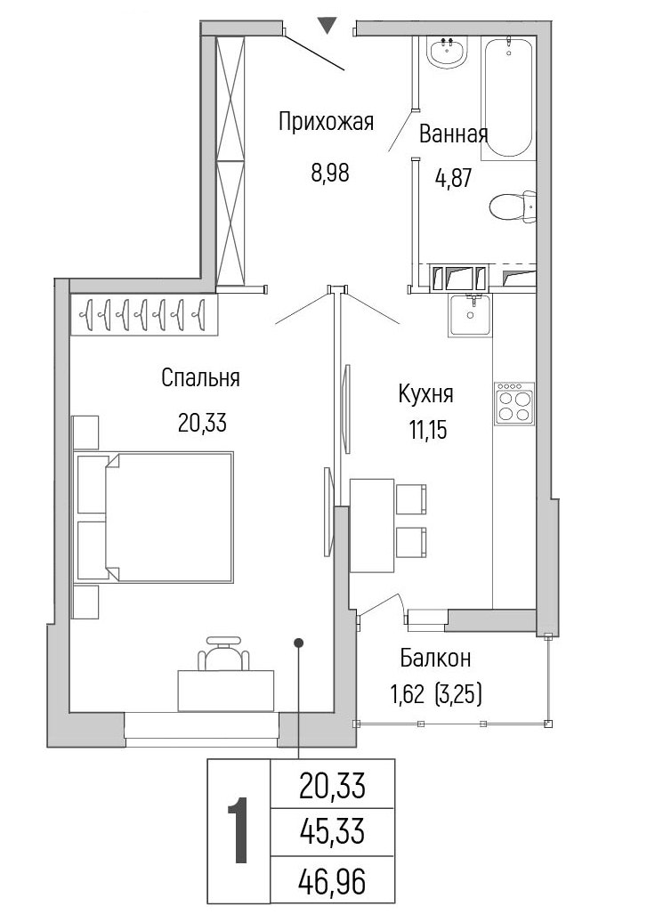 1 комн. квартира, 47 м², 2 этаж 