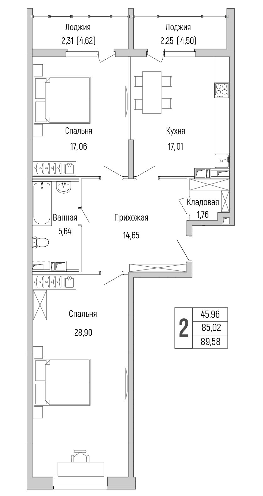 2 комн. квартира, 89.6 м², 9 этаж 
