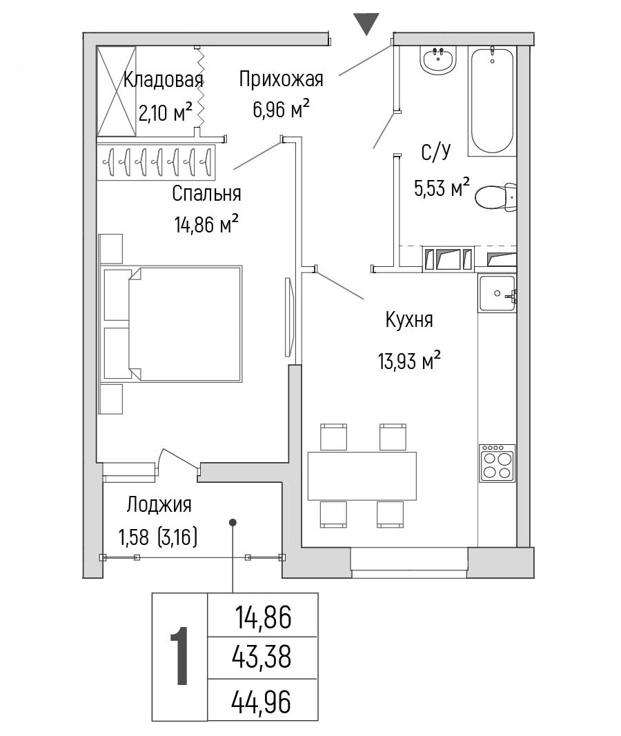 1 комн. квартира, 45 м², 3 этаж 