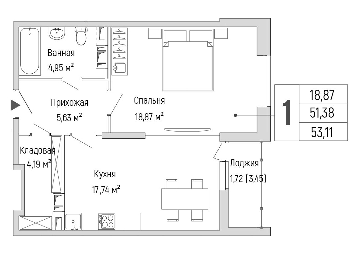 1 комн. квартира, 53.1 м², 3 этаж 
