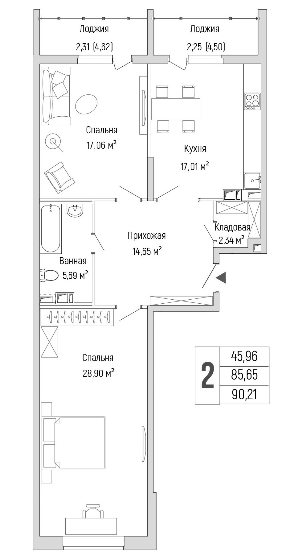 2 комн. квартира, 90.2 м², 5 этаж 