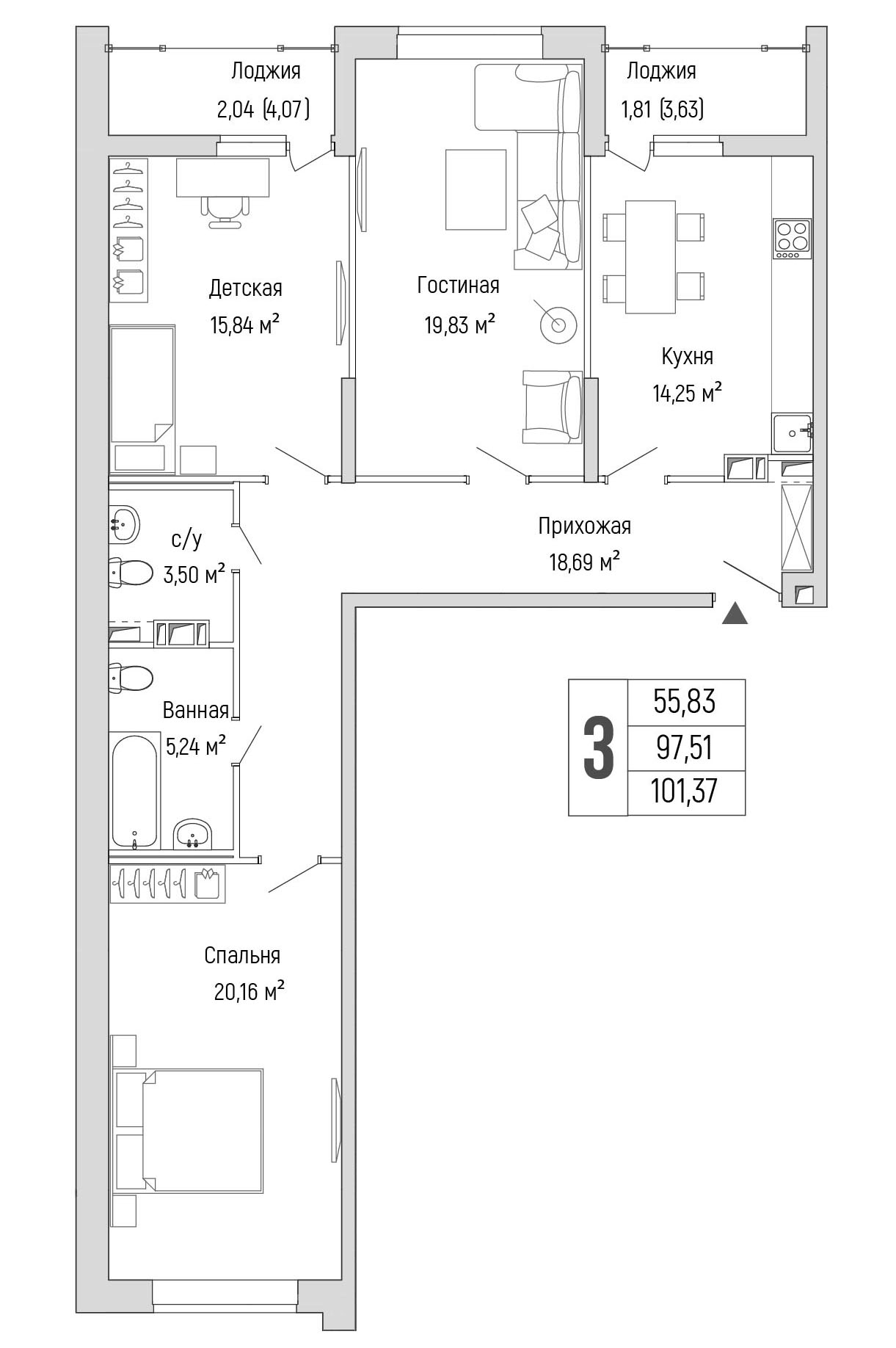 3 комн. квартира, 101.4 м², 9 этаж 