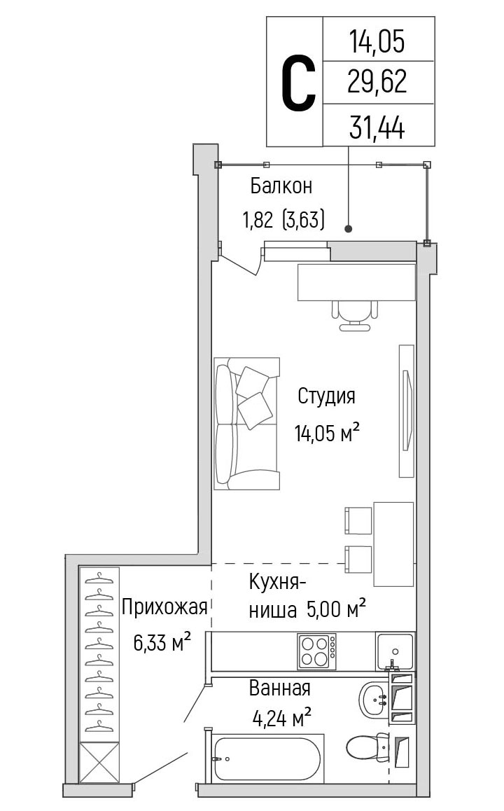 студия, 31.4 м², 4 этаж 
