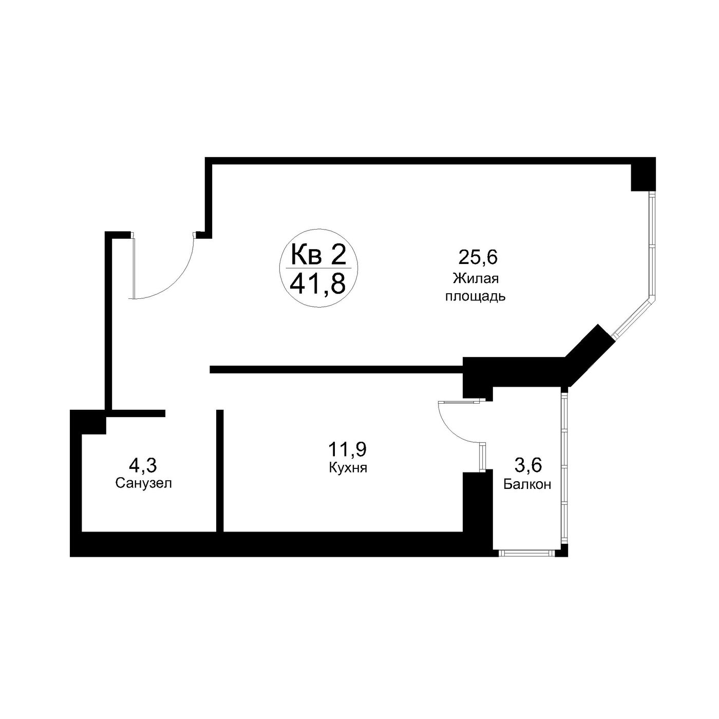 1 комн. квартира, 46.2 м², 2 этаж 