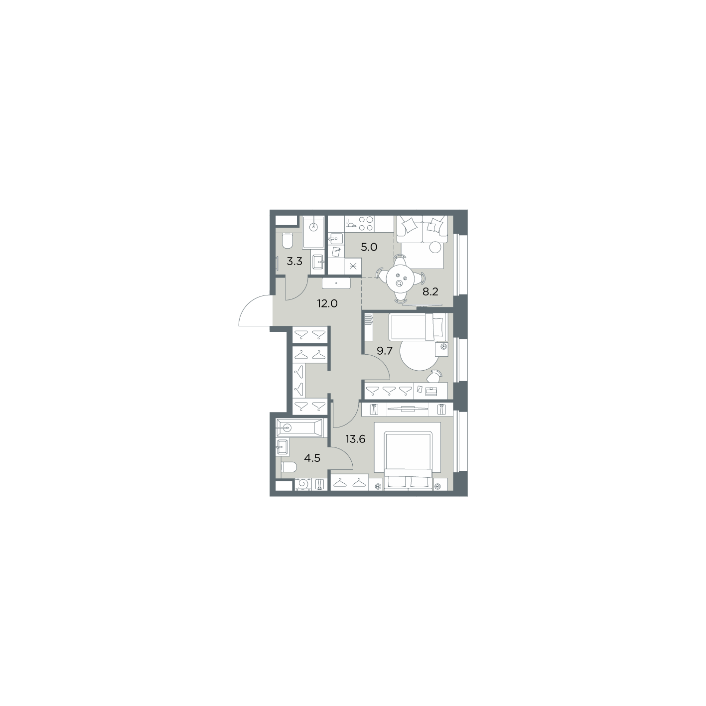 3 комн. квартира, 56.3 м², 5 этаж  (из 6)