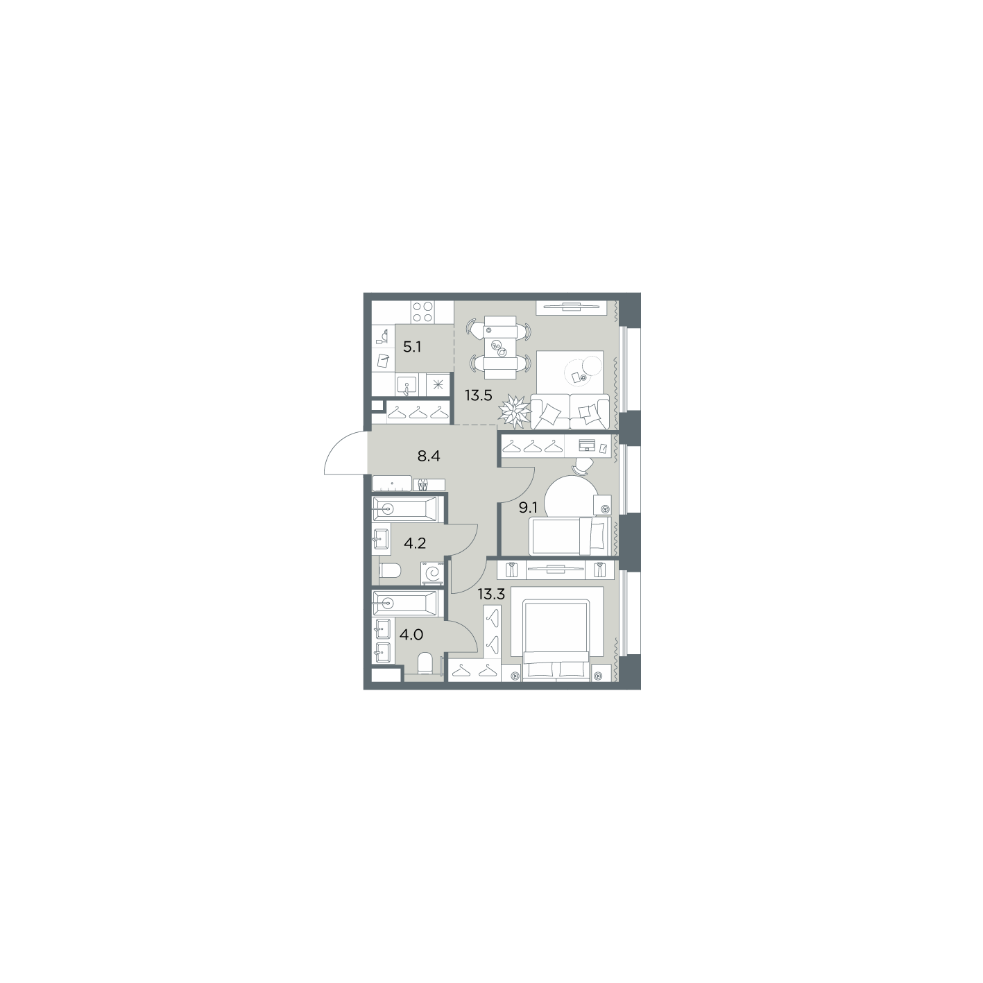 3 комн. квартира, 57.6 м², 5 этаж  (из 6)