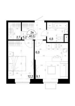 1 комн. квартира, 40 м², 2 этаж 
