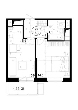 1 комн. квартира, 39.9 м², 5 этаж 