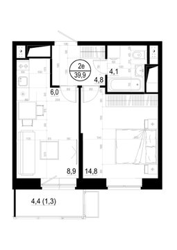 1 комн. квартира, 39.9 м², 8 этаж 