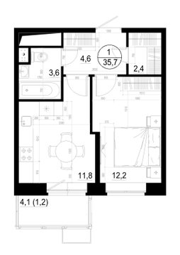 1 комн. квартира, 35.8 м², 4 этаж 