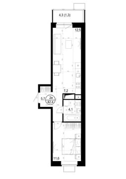 1 комн. квартира, 42.4 м², 7 этаж 