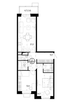 2 комн. квартира, 68.2 м², 8 этаж 