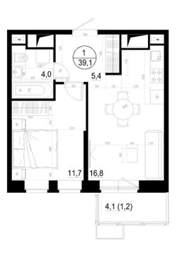 1 комн. квартира, 39.1 м², 4 этаж 