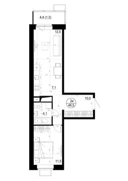 1 комн. квартира, 46.5 м², 6 этаж 