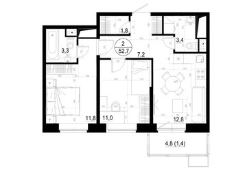 2 комн. квартира, 52.7 м², 7 этаж 