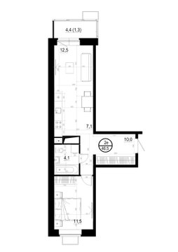 1 комн. квартира, 46.5 м², 8 этаж 