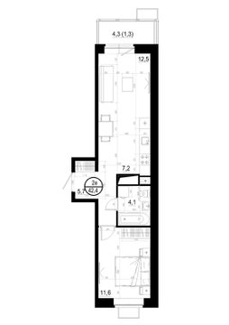 1 комн. квартира, 42.4 м², 14 этаж 