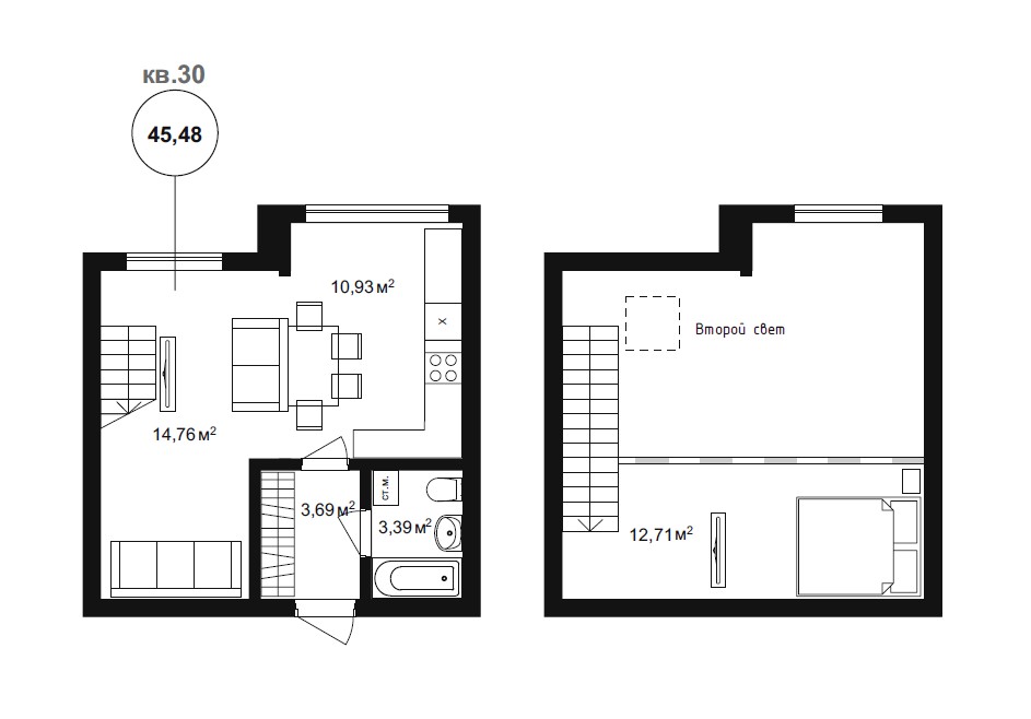 2 комн. квартира, 45.5 м², 4 этаж 