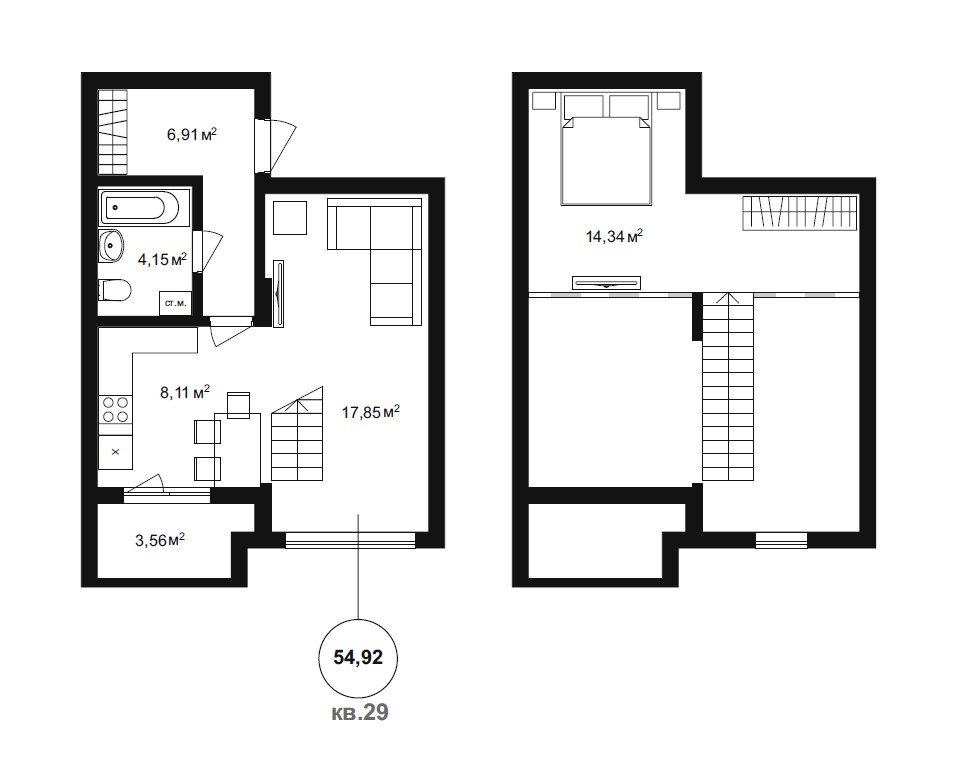 2 комн. квартира, 54.9 м², 4 этаж 