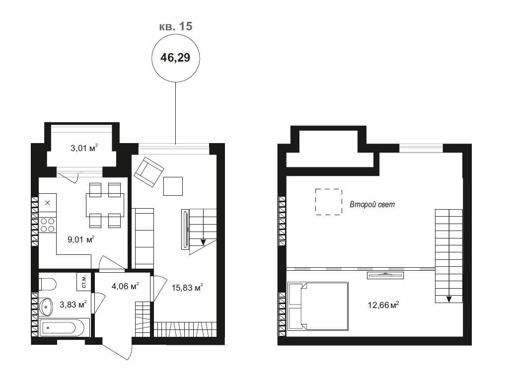 2 комн. квартира, 48.4 м², 4 этаж 