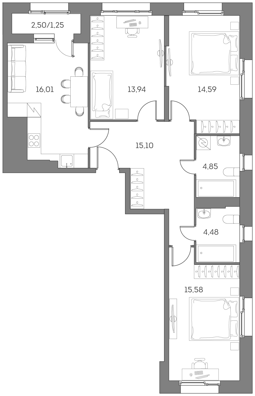 3 комн. квартира, 85.8 м², 8 этаж 