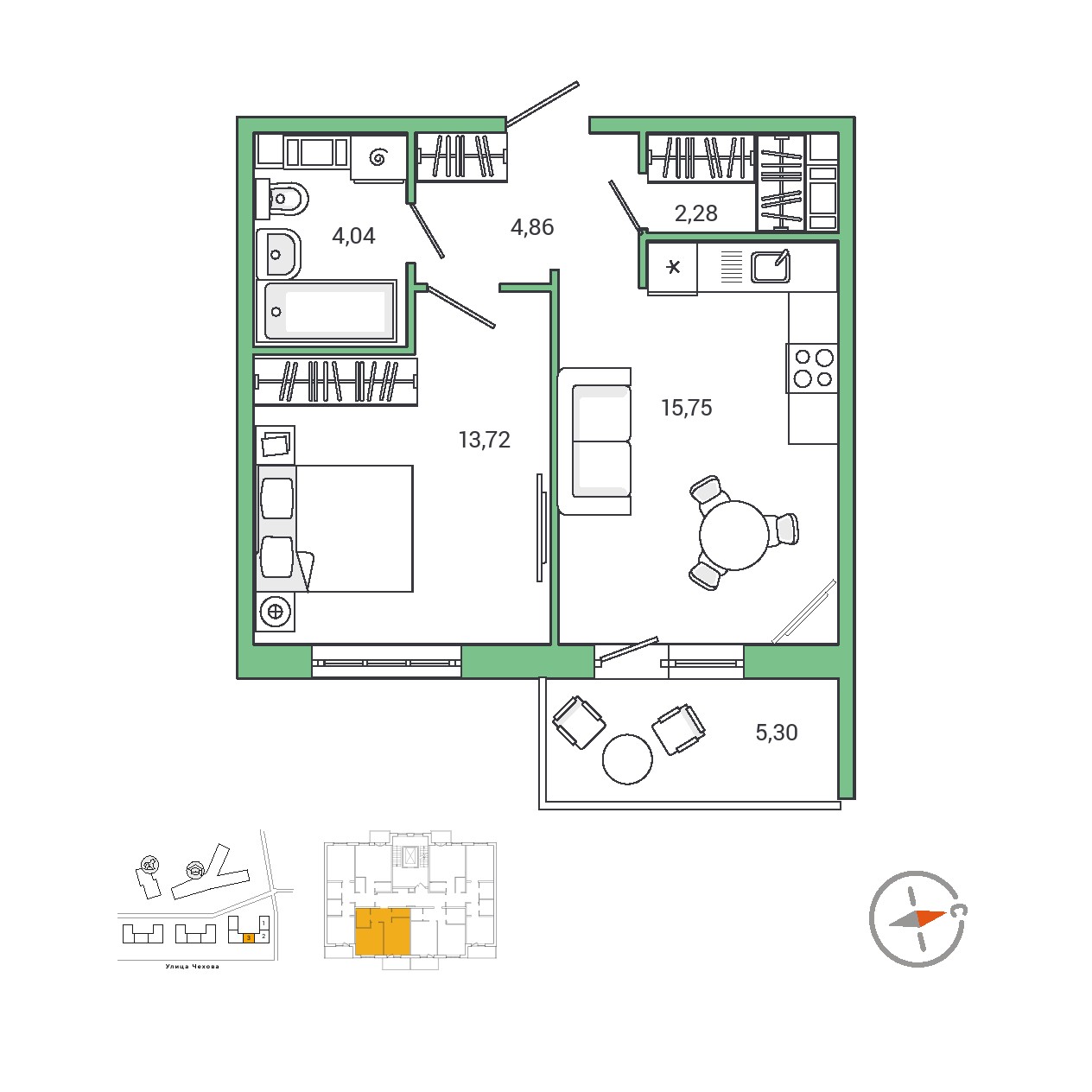 1 комн. квартира, 42.4 м², 9 этаж 
