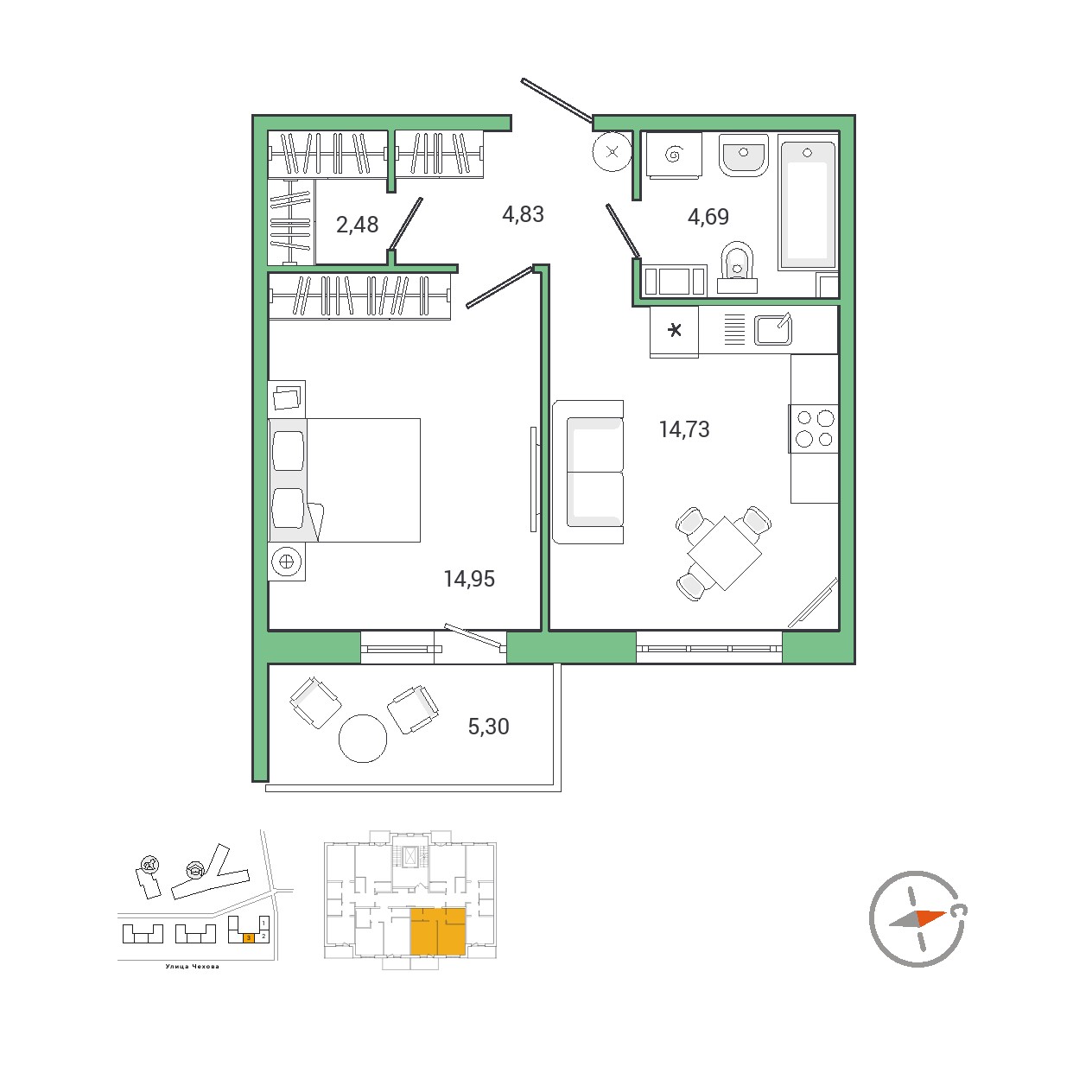 1 комн. квартира, 43.5 м², 9 этаж 