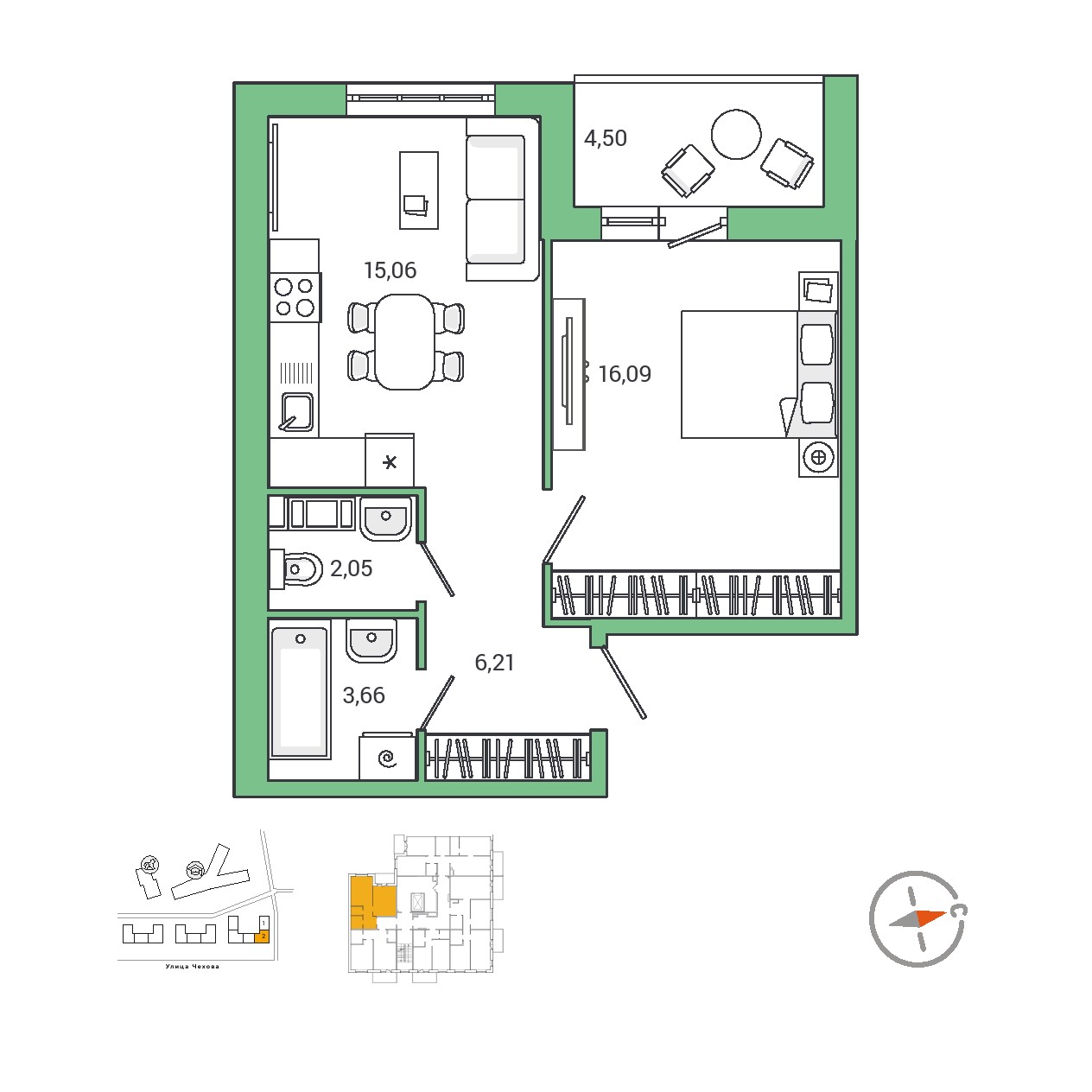 1 комн. квартира, 45.5 м², 4 этаж 