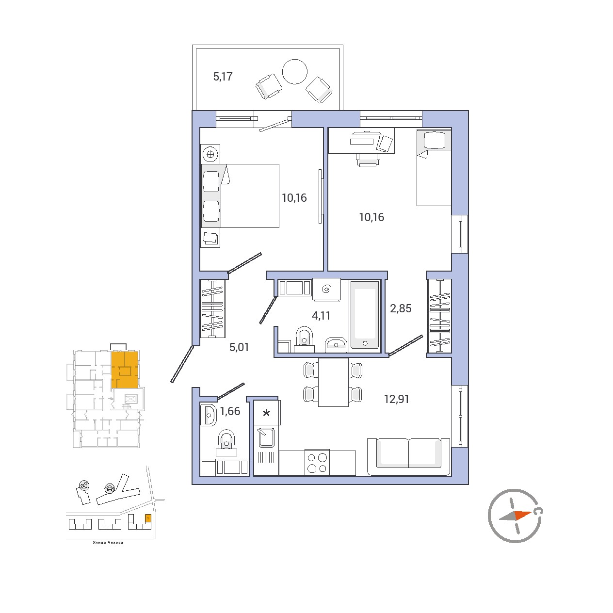 2 комн. квартира, 48.5 м², 1 этаж 