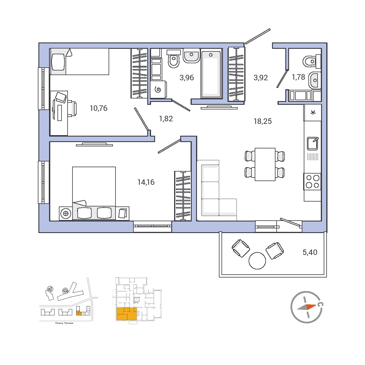 2 комн. квартира, 56.5 м², 1 этаж 