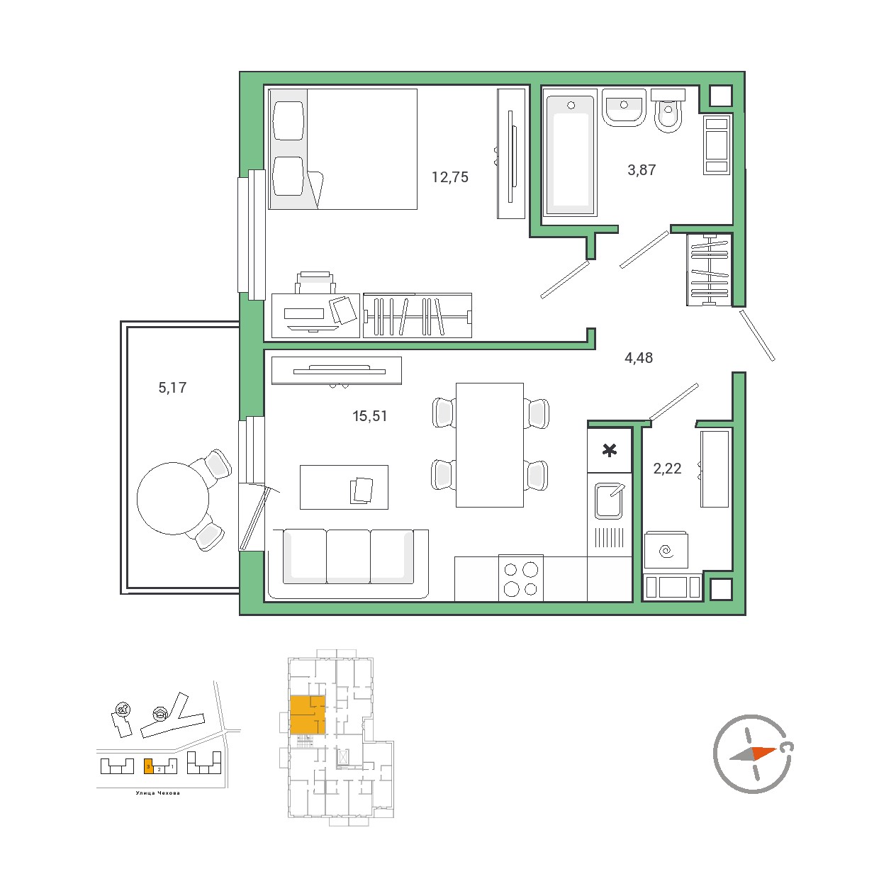 1 комн. квартира, 40.4 м², 2 этаж 