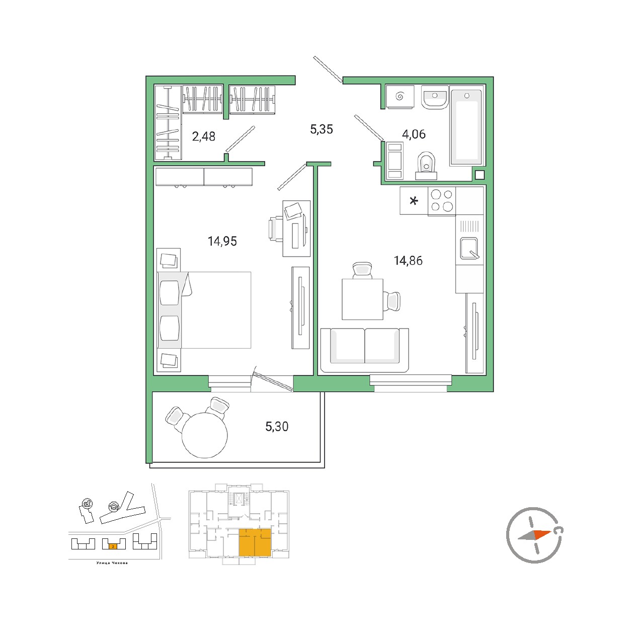 1 комн. квартира, 43.4 м², 2 этаж 