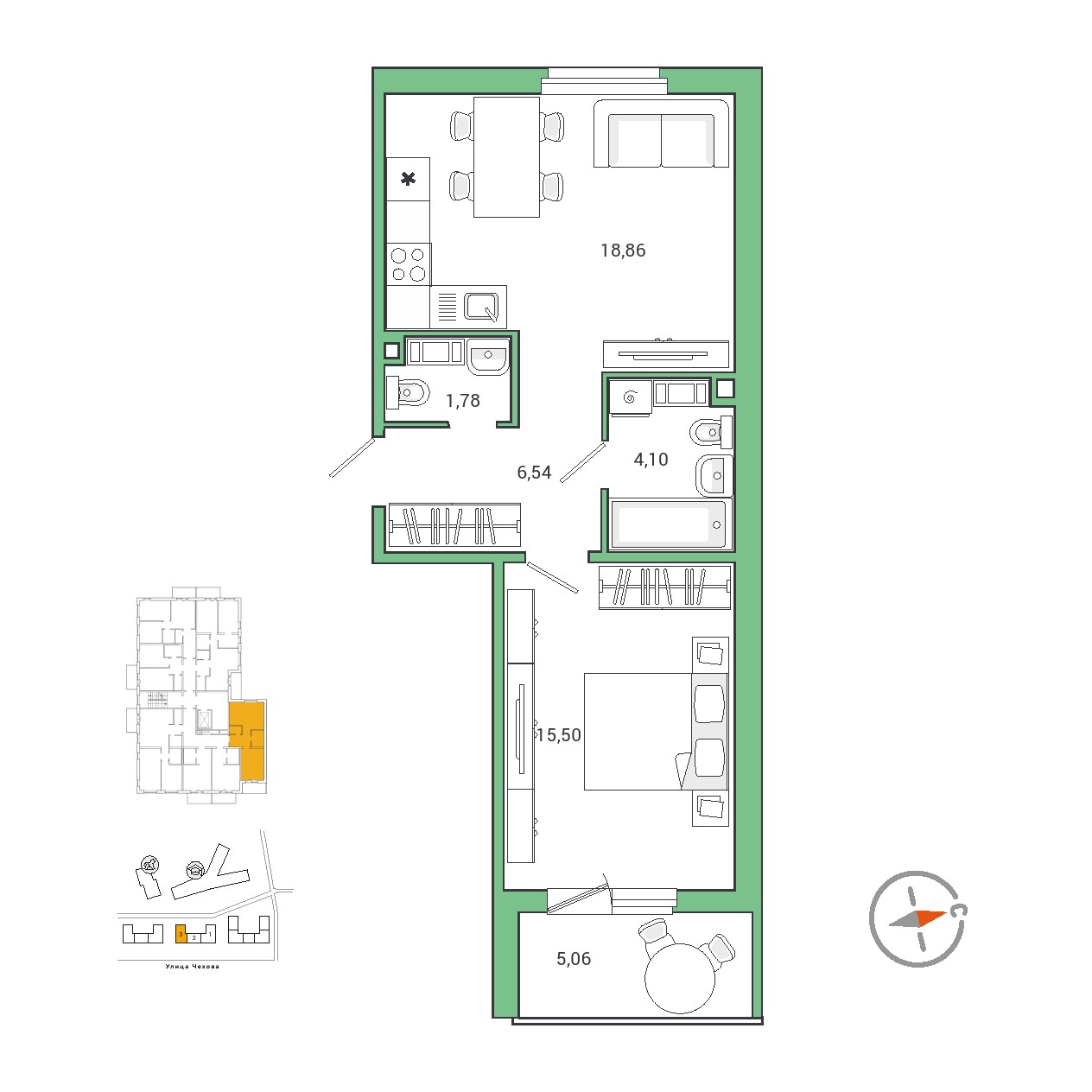 1 комн. квартира, 49.5 м², 3 этаж 