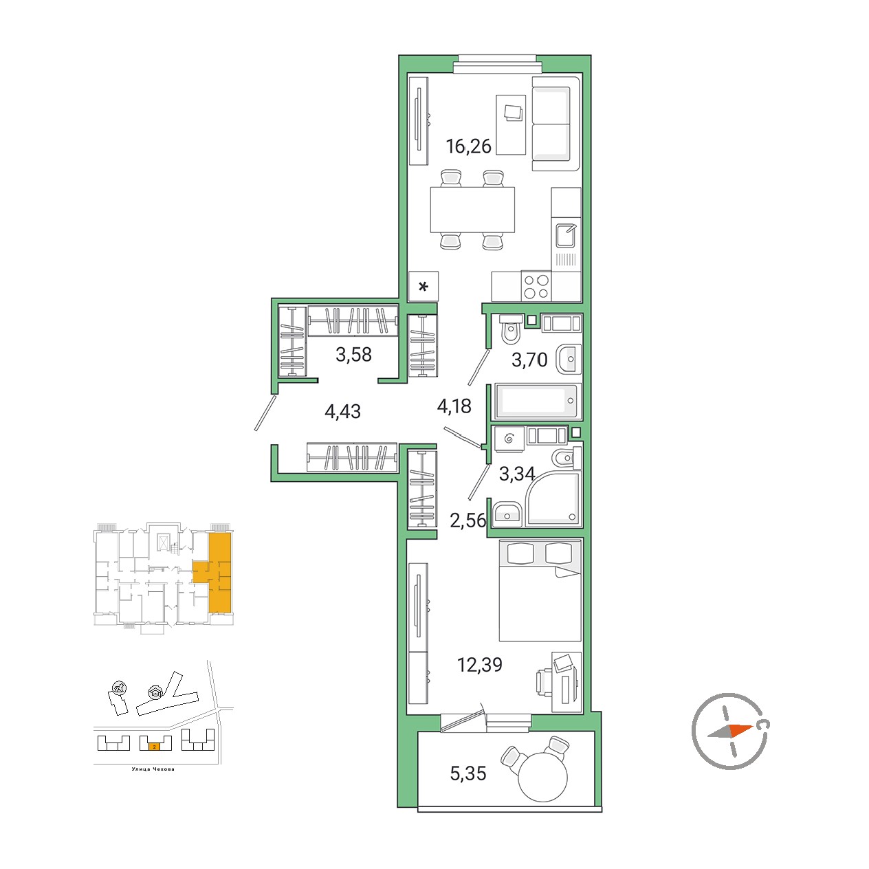1 комн. квартира, 54.1 м², 1 этаж 