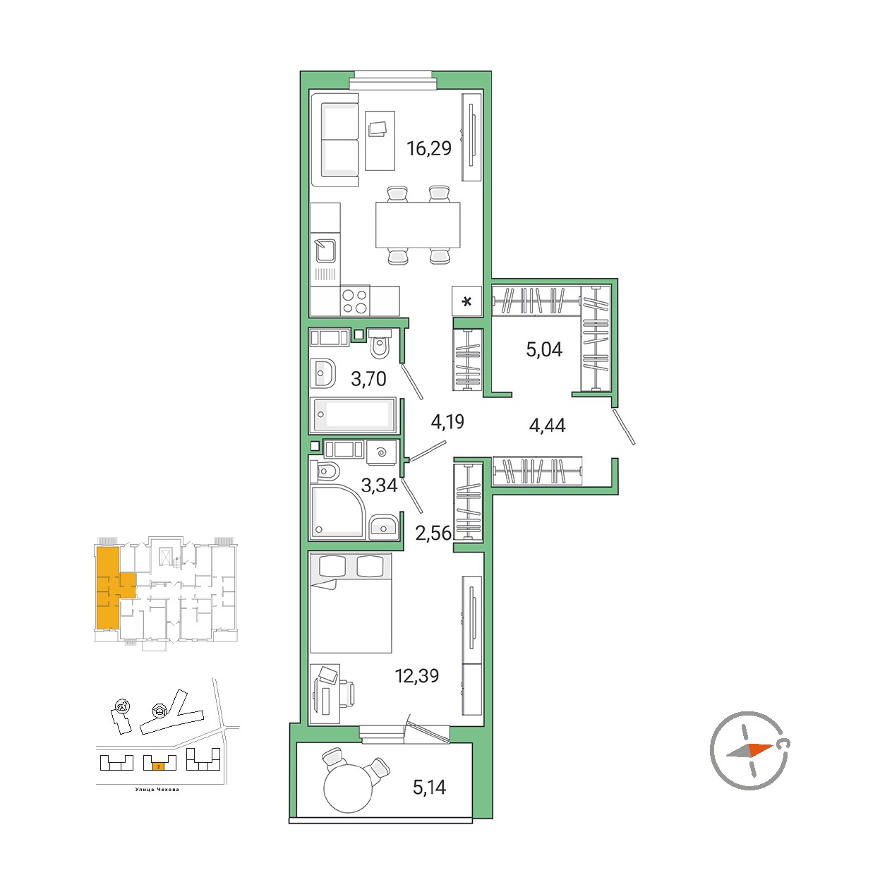 1 комн. квартира, 55.5 м², 1 этаж 