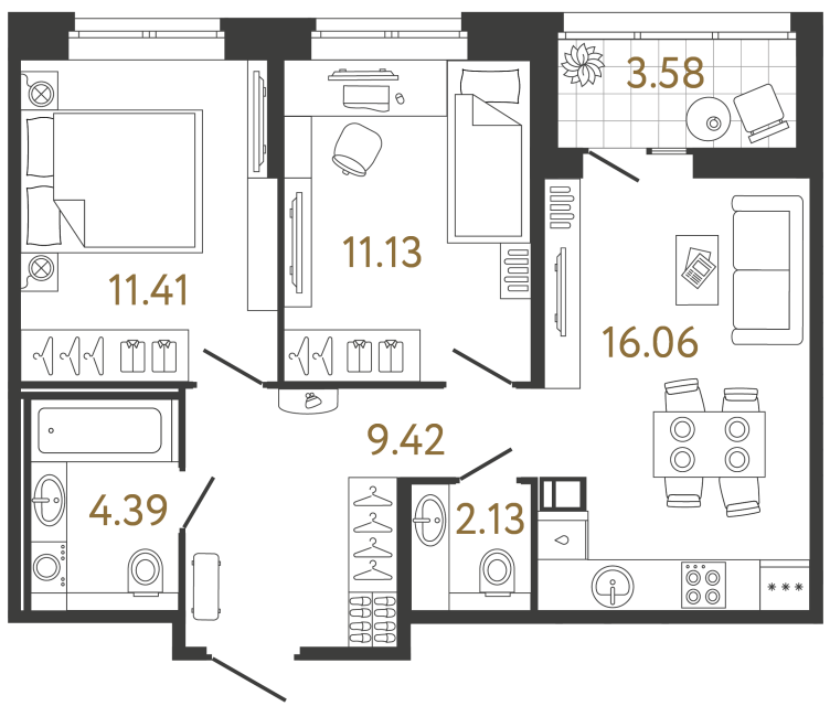2 комн. квартира, 54.5 м², 10 этаж 