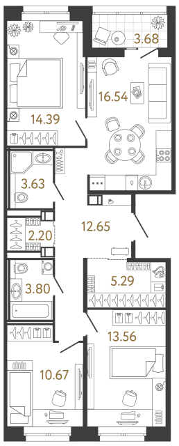 3 комн. квартира, 82.7 м², 3 этаж 