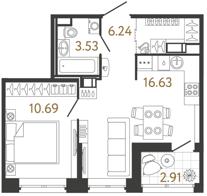 1 комн. квартира, 37.1 м², 6 этаж 