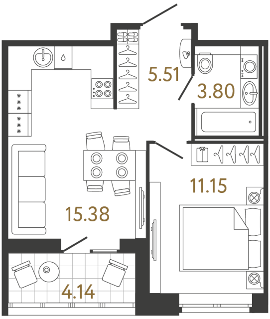 1 комн. квартира, 35.8 м², 14 этаж 