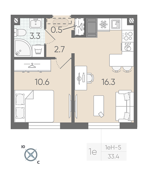 студия, 33.4 м², 13 этаж 